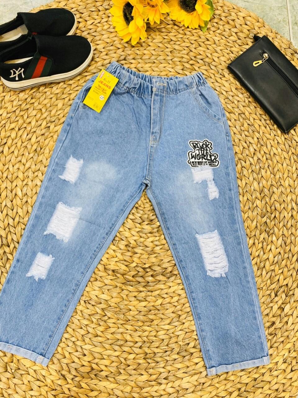 Quần jean baggy nữ lưng thun trẻ trung cá tính