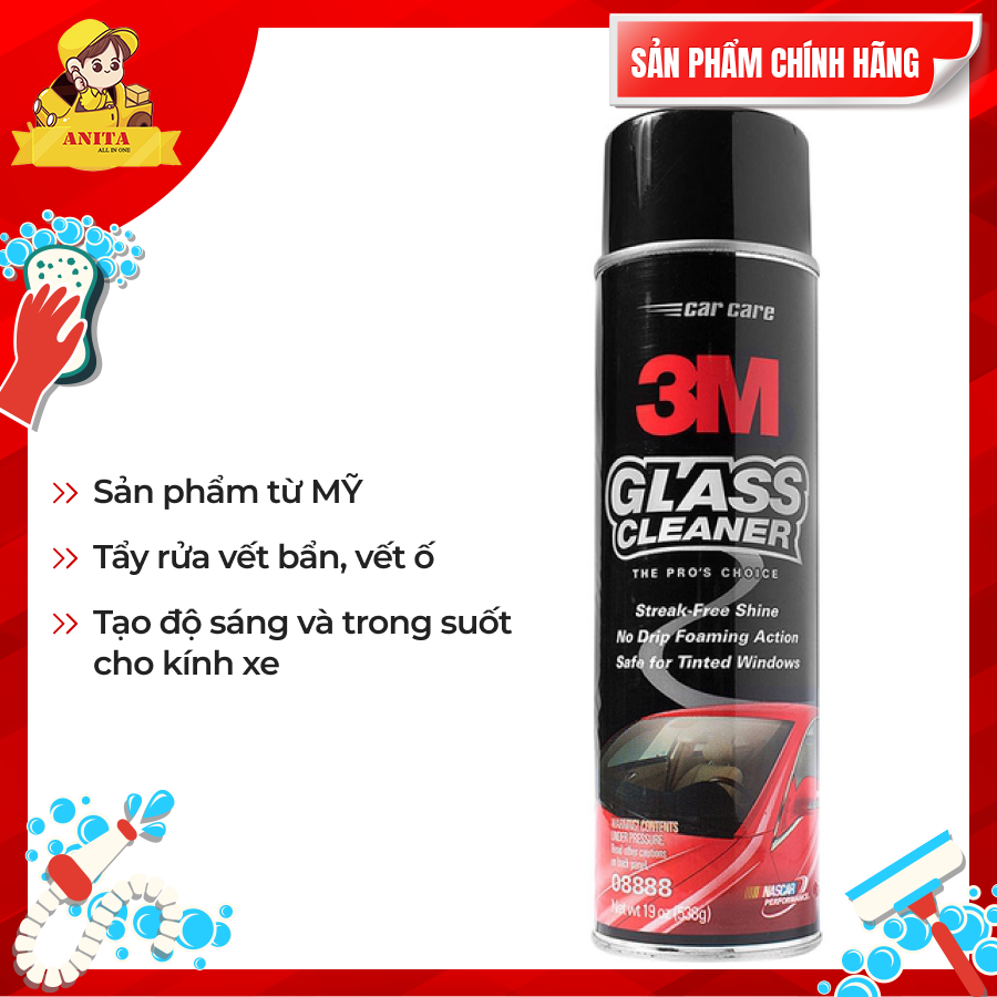 [3M] Chai xịt rửa kính ô tô 3M, Nhập khẩu Mỹ - 8888, Bảo vệ bề mặt kính, an toàn lái xe, gạt nước sạch, không để lại vết ố kính, dễ sử dụng