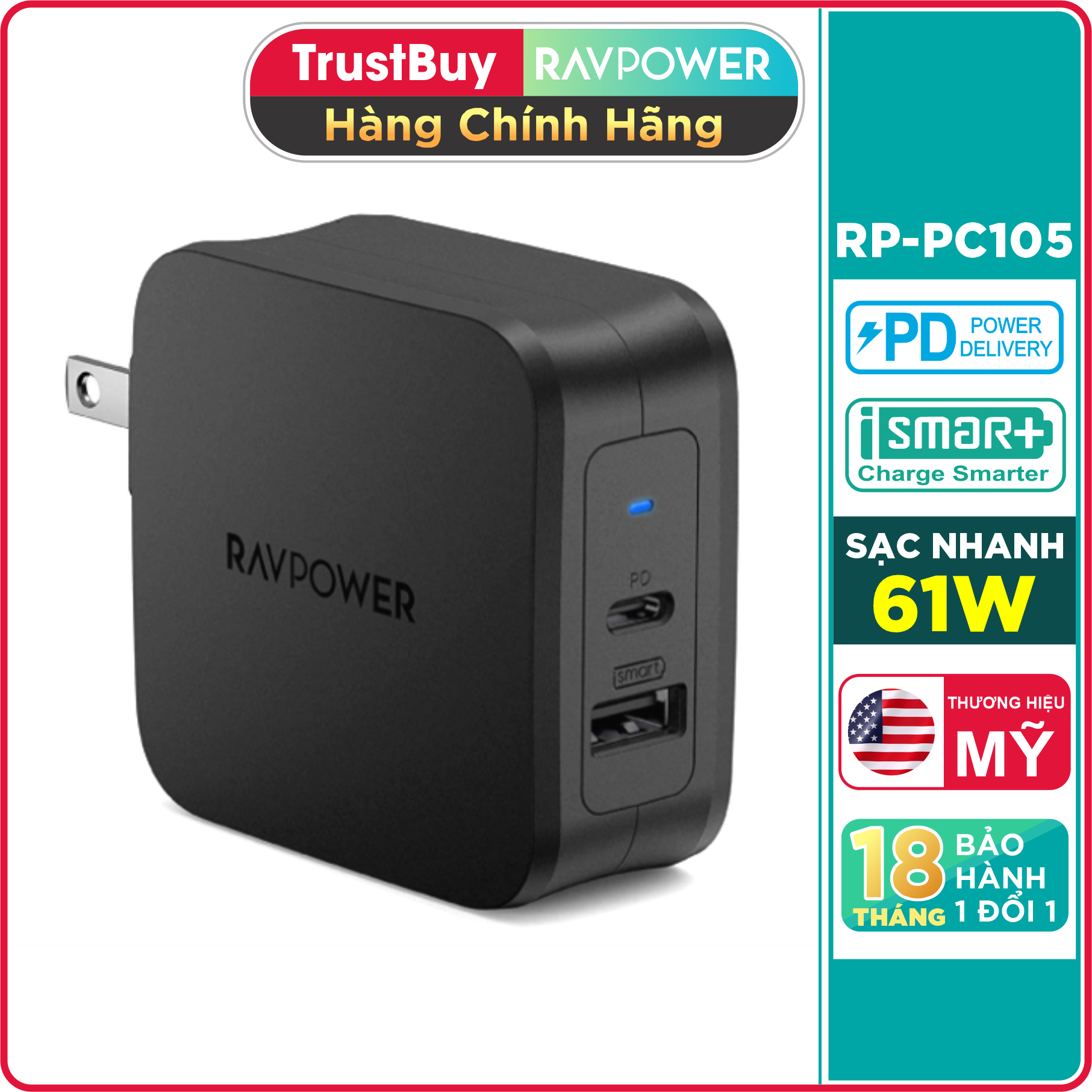 Sạc nhanh điện thoại, laptop RAVPower RP-PC105 61W - Fast phone charger, Laptop