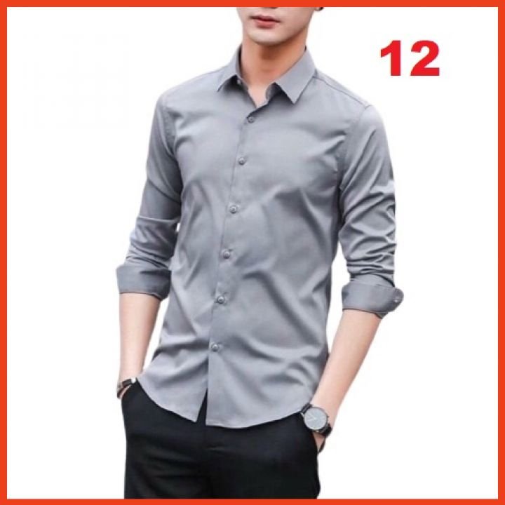 Áo sơ mi nam chất vải lụa chống nhăn chống xù - áo sơ mi trơn tay dài màu xám phong cách Hàn Quốc GAO STORE86 ms09