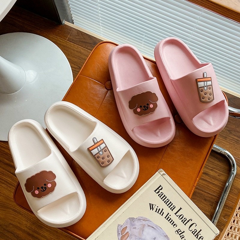 Dép nữ đế bánh mì hình ảnh trà sữa siêu cute mẫu mới nhất năm 2022, dép nữ siêu nhẹ đi trong nhà phong cách cross