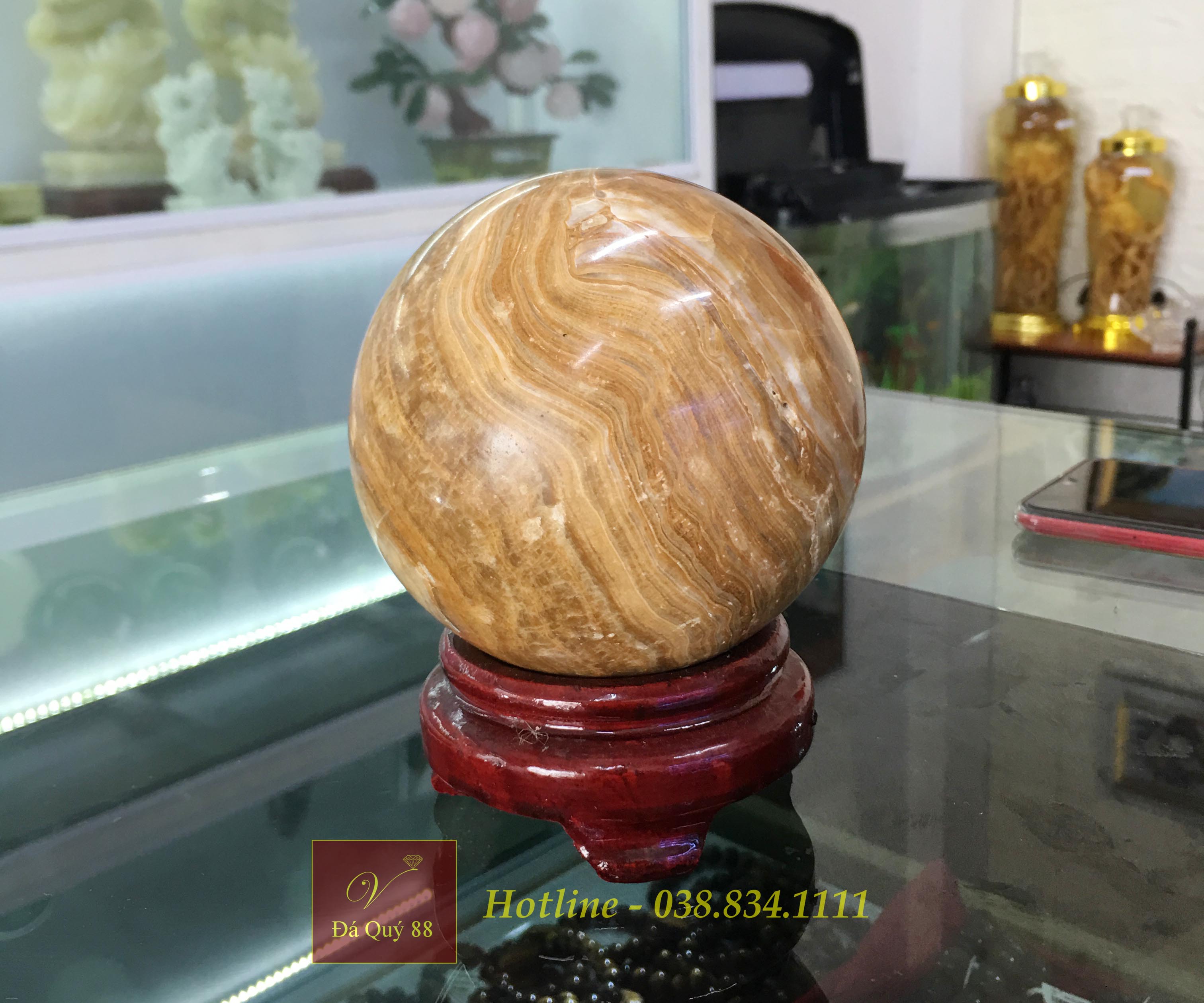 Quả cầu phong thủy mệnh thổ, kim đá mable vân gỗ tự nhiên màu nâu đất đường kính 9,3cm