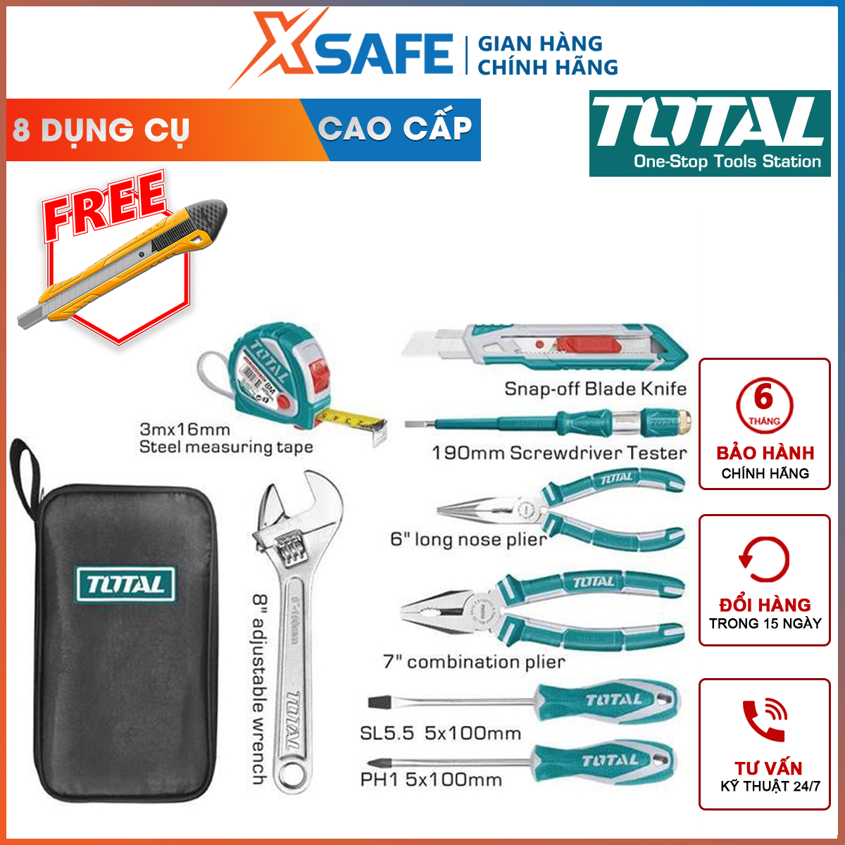 Bộ đồ nghề cầm tay 8 chi tiết TOTAL THKTHP90086 | bộ 8 dụng cụ cầm tay gồm thước cuộn, tua vít, mỏ lết, kềm cắt mỏ dài, kềm răng, dao rọc… sửa chữa, lắp ráp và bảo dưỡng thiết bị