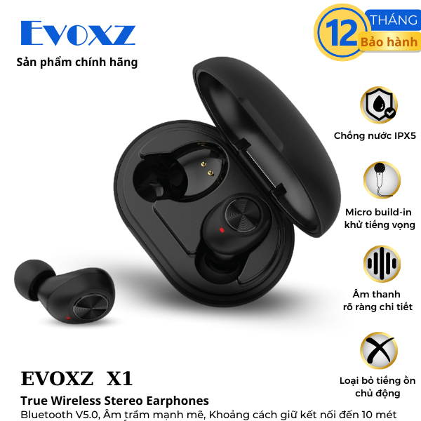 Tai nghe Bluetooth TWS Evoxz EVo X1 12 tiếng - Màu đen