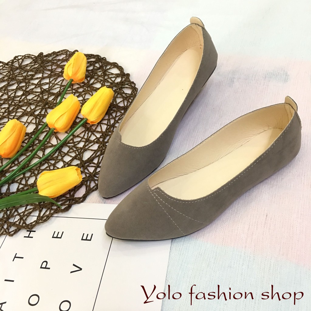 OD1X Giày búp bê nữ đế bằng da lộn vá mũi xinh xắn