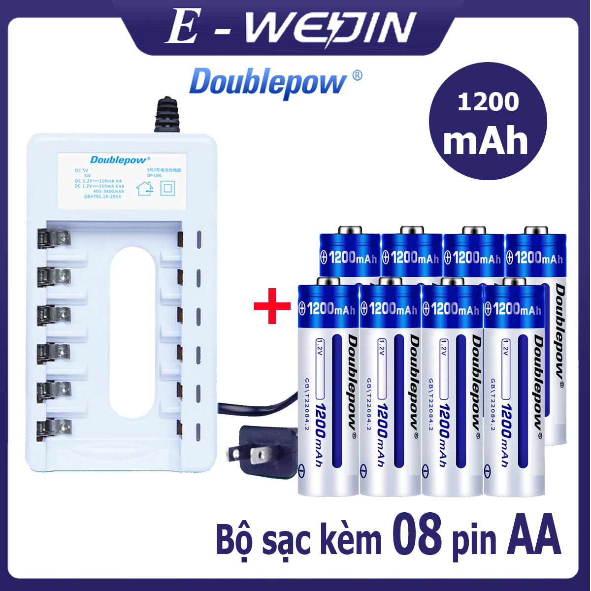 [Combo] Bộ sạc pin tiểu AA/AAA DP-B108 và 8 viên pin AA 1200mAh Doublepow