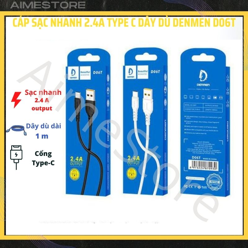 Cáp sạc nhanh type c 2.4a denmen d06t, dây sạc điện thoại type c, dây dù chắc chắn dài 1m, dây sạc cho các thiết bị type c - giá tốt tại aimestore