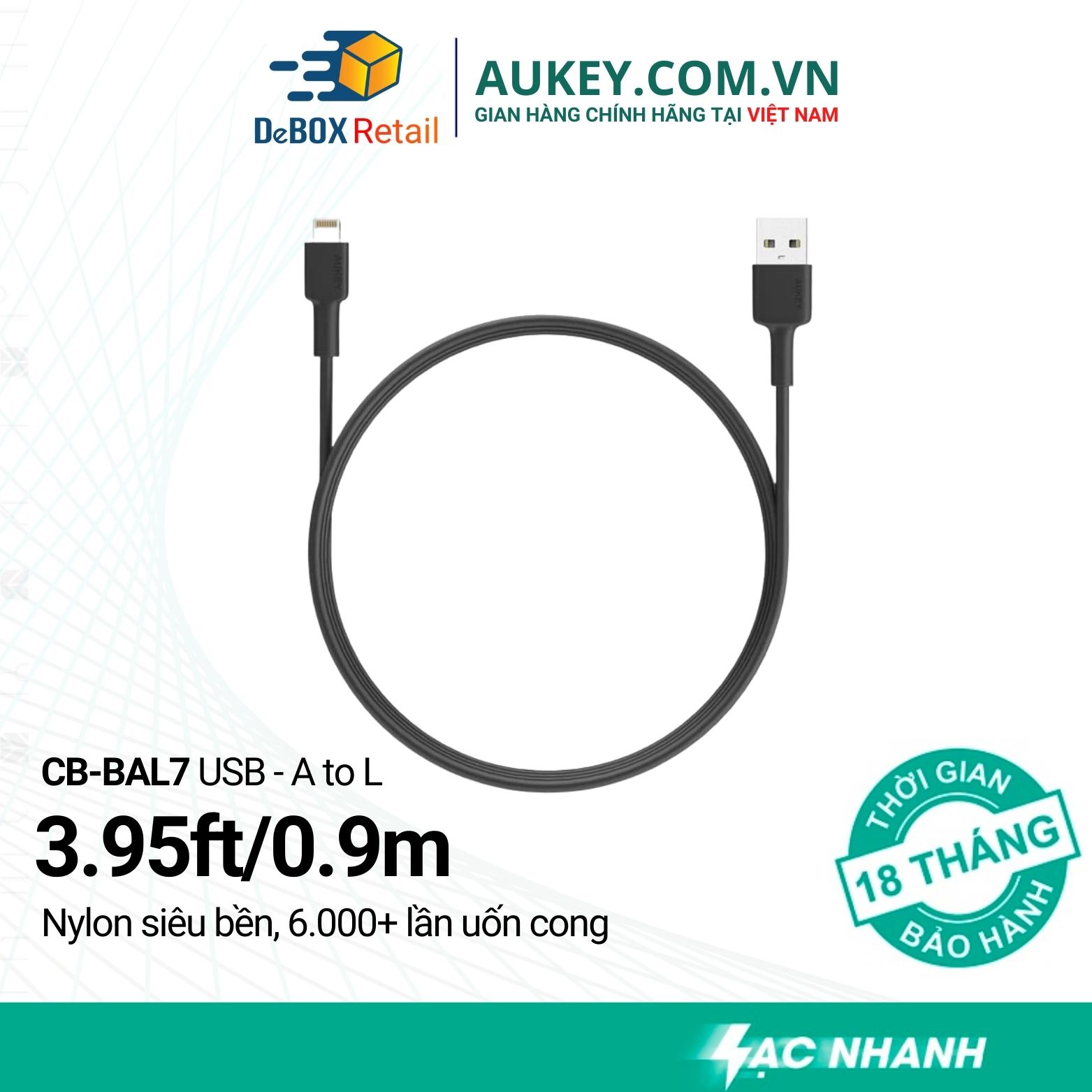 Cáp Sạc Nhanh iPhone USB-A To Lightning AUKEY CB-BAL7 0.9m MFi, Lõi dây cáp được làm bằng hợp kim nhôm cao cấp - Chính hãng Bảo Hành 18 Tháng