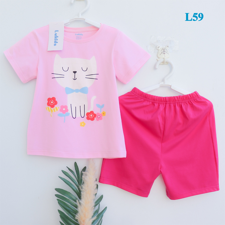 Đồ bộ ngắn mèo cột nơ cotton 100% dành cho bé gái Lukids