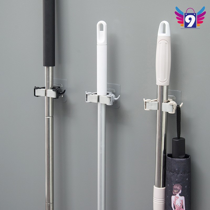 [3-5/8 Hoàn Tiền 25%] - (Mẫu 2) Móc dán tường chịu lực kẹp giữ cây lau nhà, chổi đa năng 9STORE (loại keo tốt)