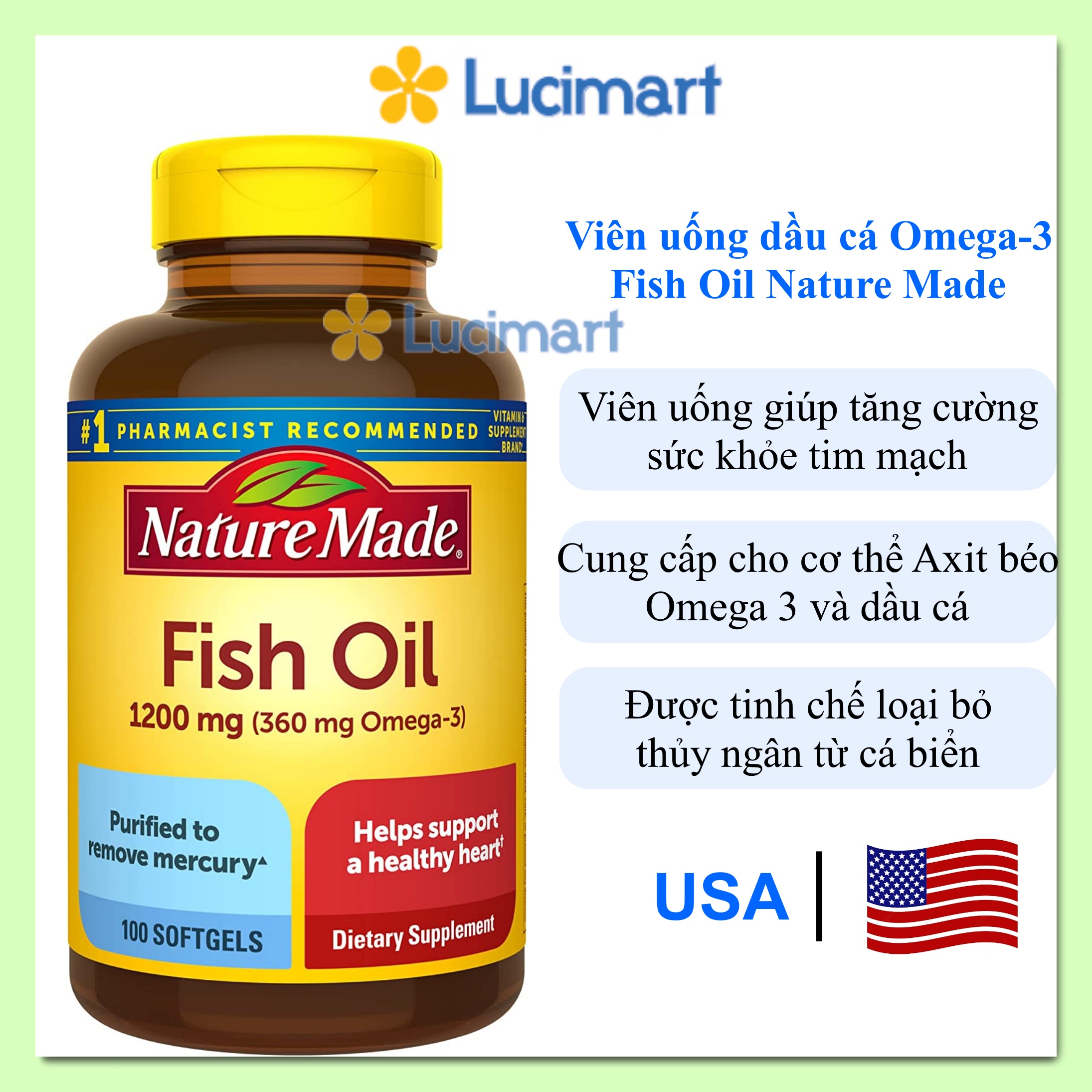 Viên uống dầu cá Omega-3 Fish Oil Nature Made, hũ 100 viên Hàng Mỹ