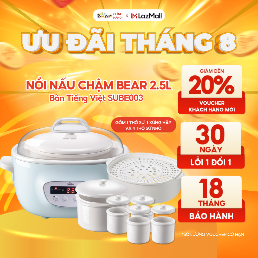 Nồi Nấu Chậm 2,5L Bear SUBE003 Chính Hãng Đa Năng Nấu Cháo, Chưng Yến Bản Quốc Tế Bảo Hành 18 Tháng