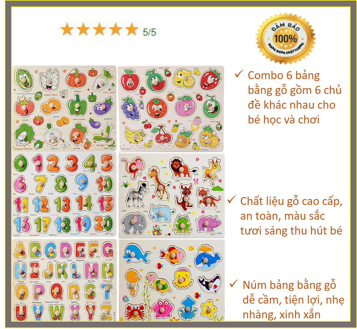 Combo 6 bảng ghép hình núm gỗ