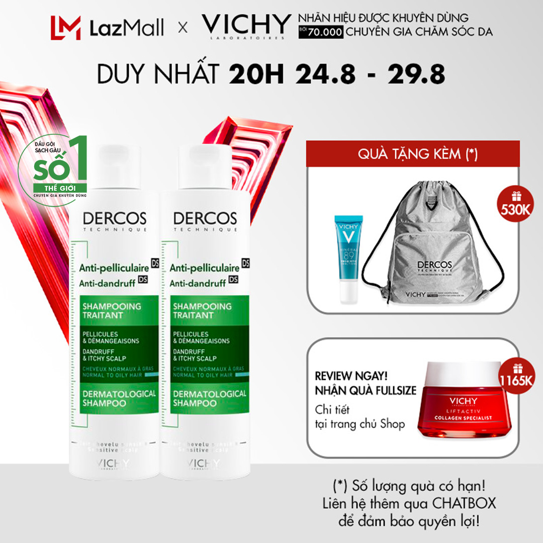 Bộ 2 dầu gội giúp sạch gàu dành cho da đầu dầu & ngứa Vichy Dercos Anti Dandruff 200ml x2