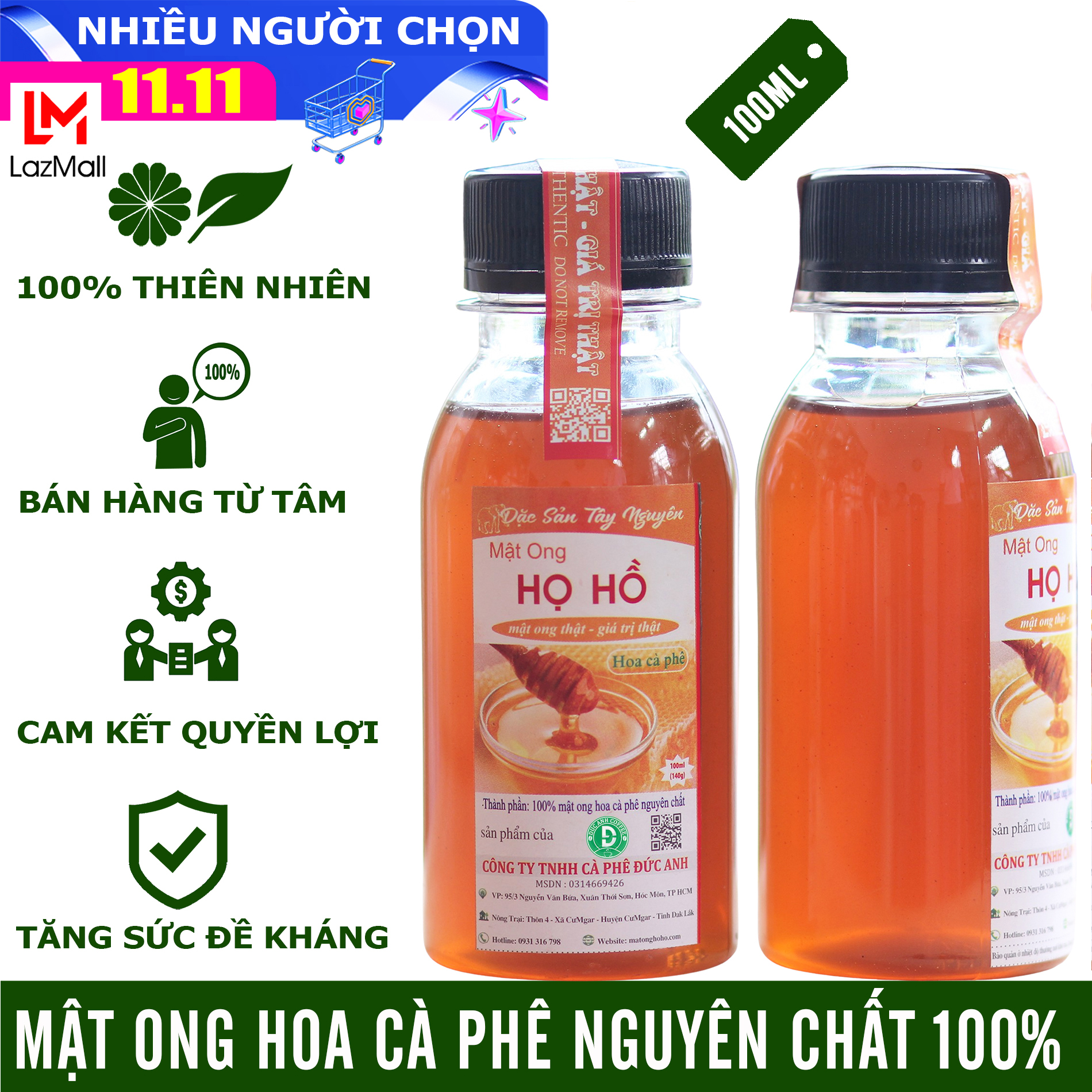 [giá dùng thử - ko lợi nhuận] mật ong hoa cà phê nguyên chất - chai 100ml  tiện dụng, tăng sức đề kháng - mật ong Họ Hồ - mật thật giá trị thật - laza mall