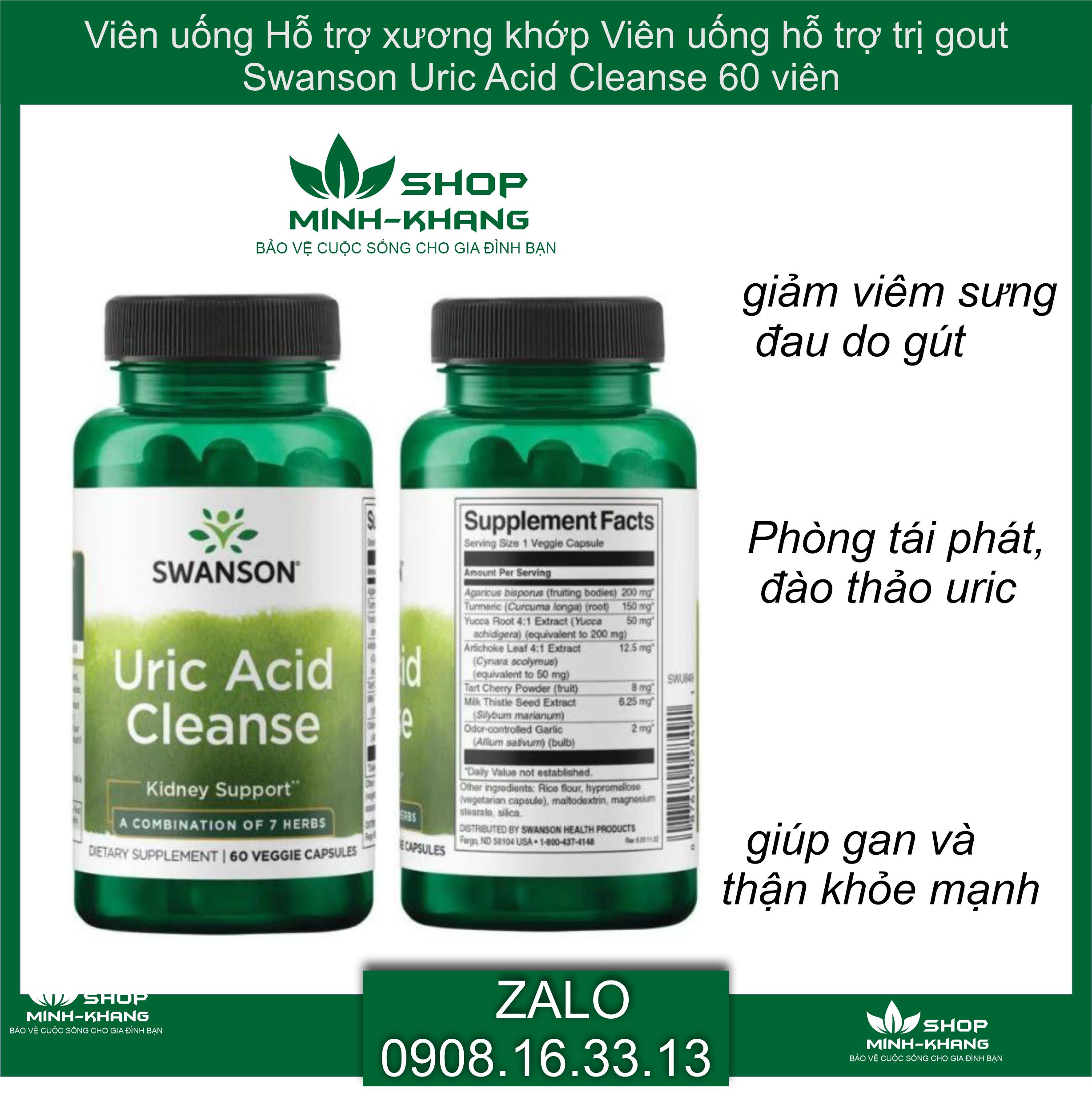 Viên uống Swanson Uric Acid Cleanse 60 viên hỗ trợ thải Uric Acid ngăn ngừa đau nhức do Gout hsd 10/2025