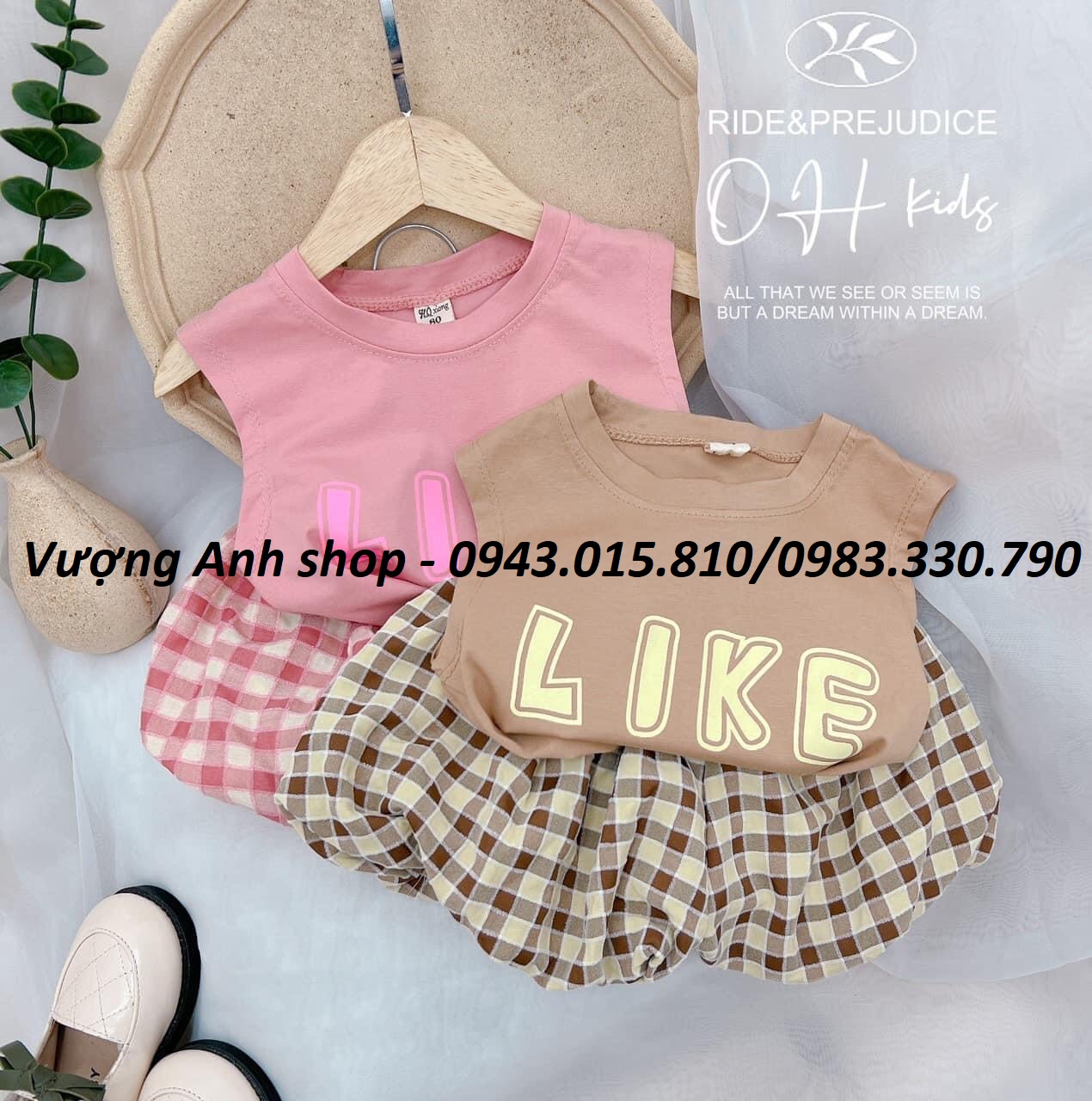 Sét đồ bé gái bộ quân áo thun in chữ like quần kẻ cho bé gái