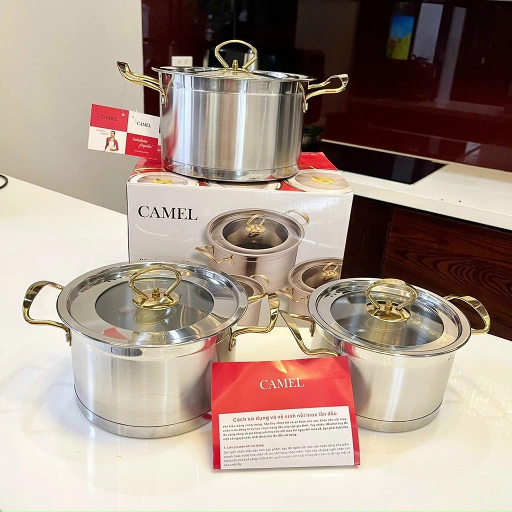 Bộ nồi 3 món inox 304 camel, đáy 3 lớp, chống dính, tay cầm cách nhiệt - bộ nồi inox cao cấp, nồi inox 304 sáng bóng, nồi chống dính-hàng chuẩn inox