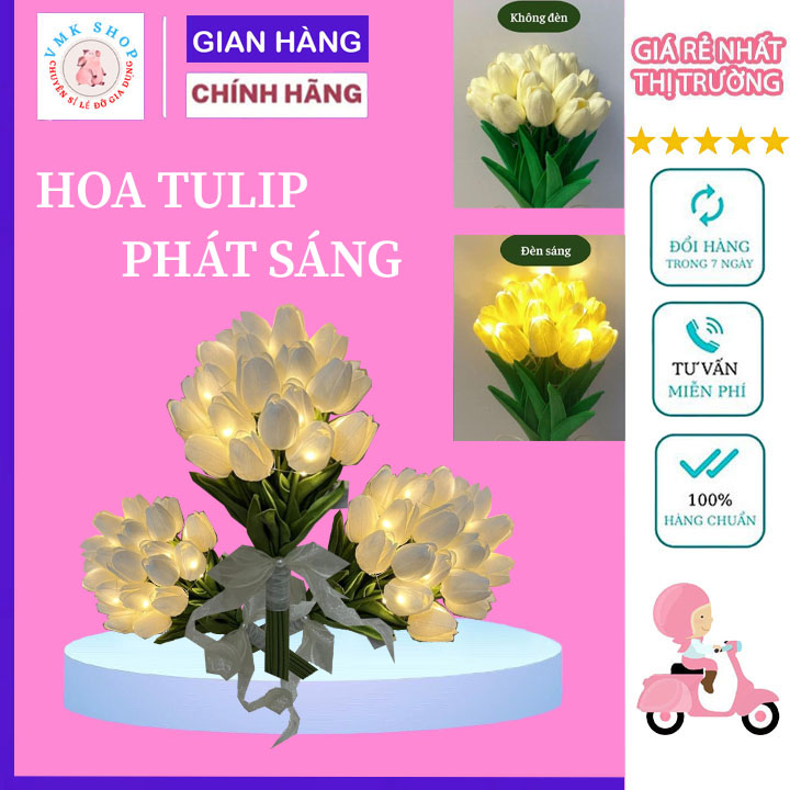 Hoa Tuylip có đèn led phát sáng bó 10 bông hoa lụa giả kèm nơ xinh decor trang trí nhà cửa quà tặng