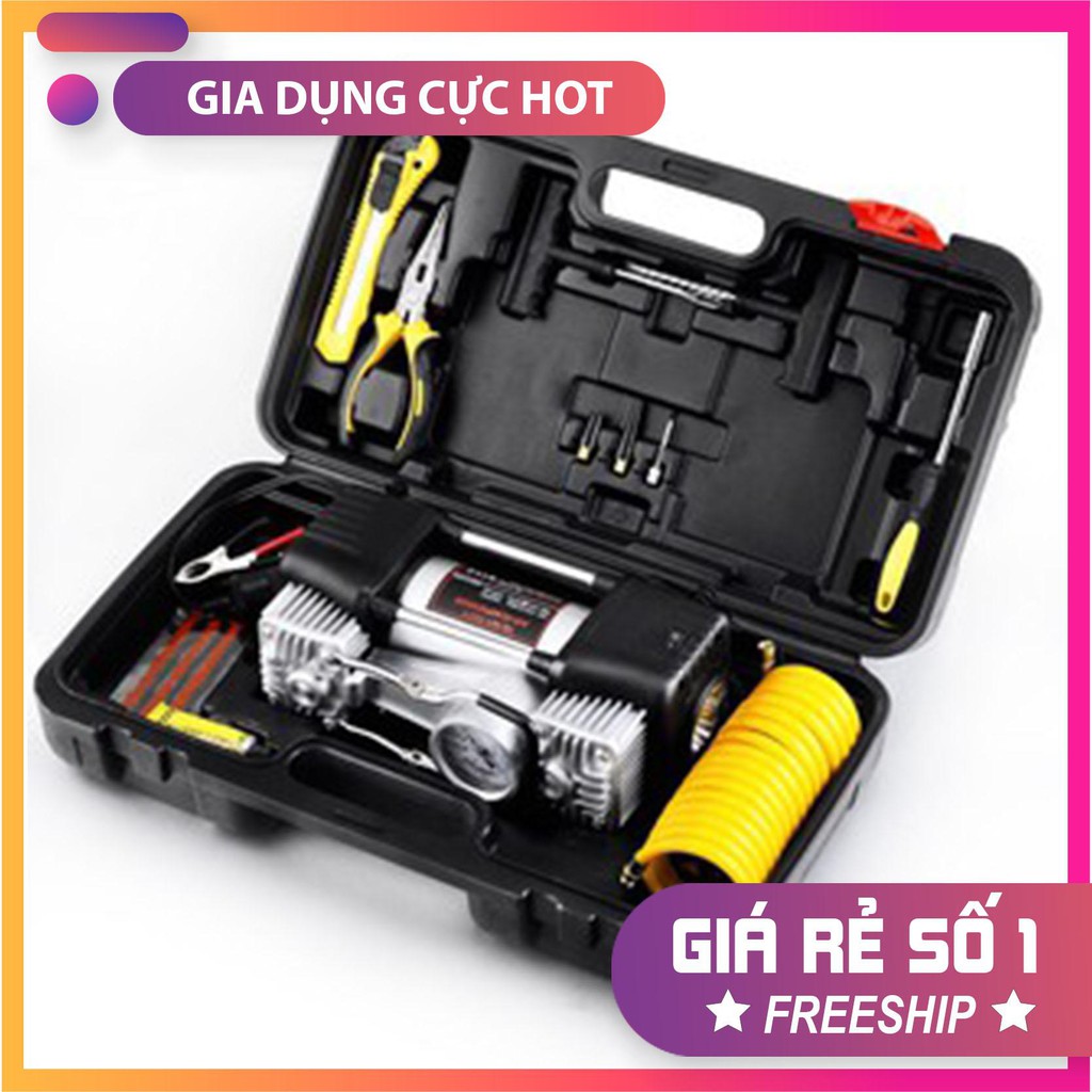 (HÀNG CHUẨN XỊN - BAO TEST) - Bơm lốp ô tô 02 XI LANH - Bơm siêu khỏe và nhanh - Có hộp đựng và bộ dụng cụ vá lốp lưu động - Bảo hành 12 tháng