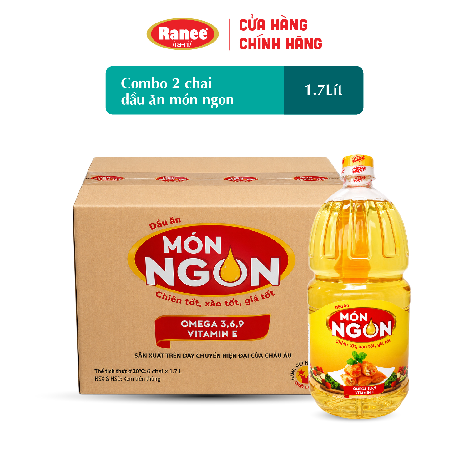 {Đơn 199k tặng hộp bơ -399k tặng vá gỗ} Thùng 6 chai Dầu ăn Món Ngon 1.7 lít ( 6 chai x 1.7 lít)