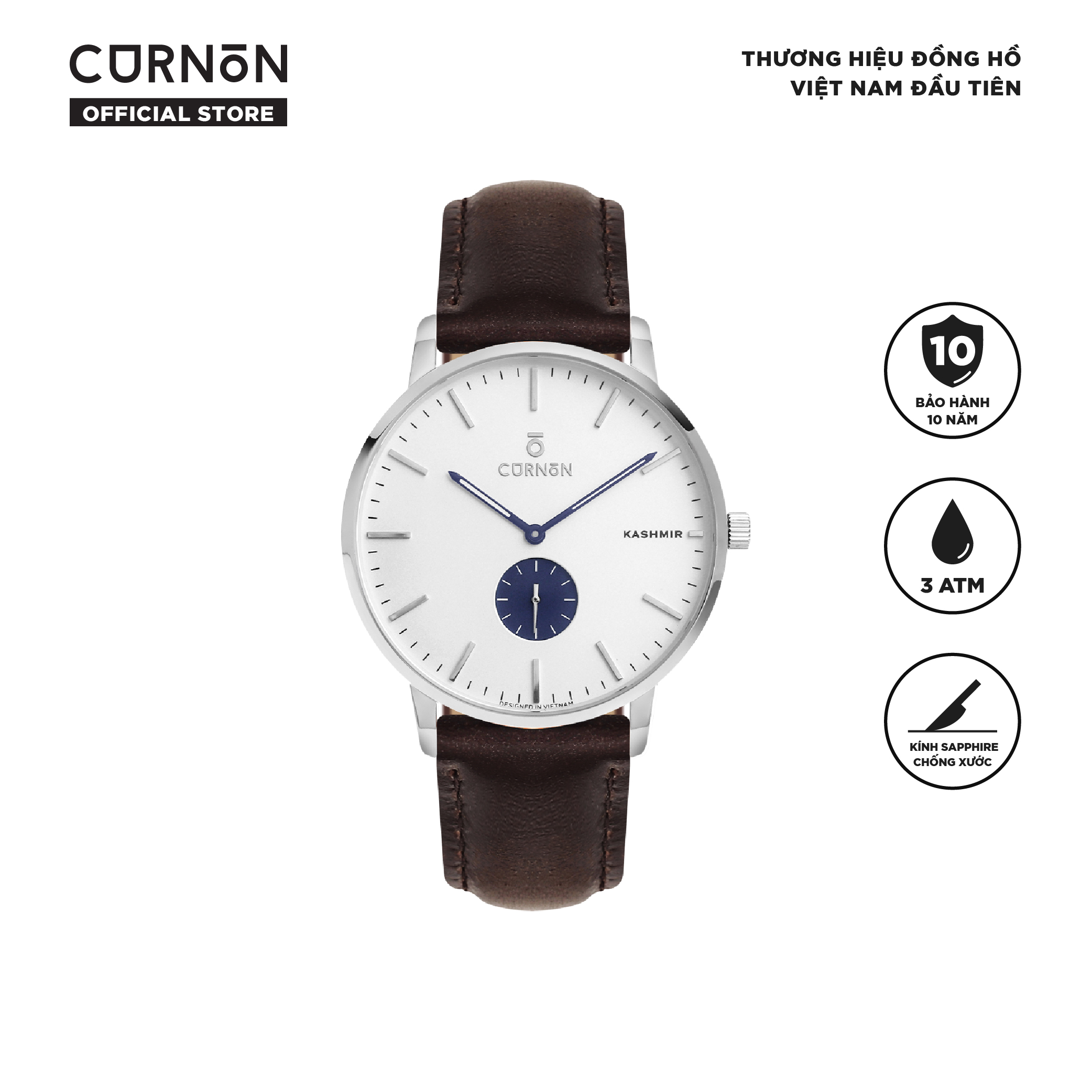 Đồng hồ nam Curnon Kashmir Gallant dây da cao cấp - Thiết kế 3 kim thời trang - Kính Sapphire, chống nước 3ATM - Hàng chính hãng