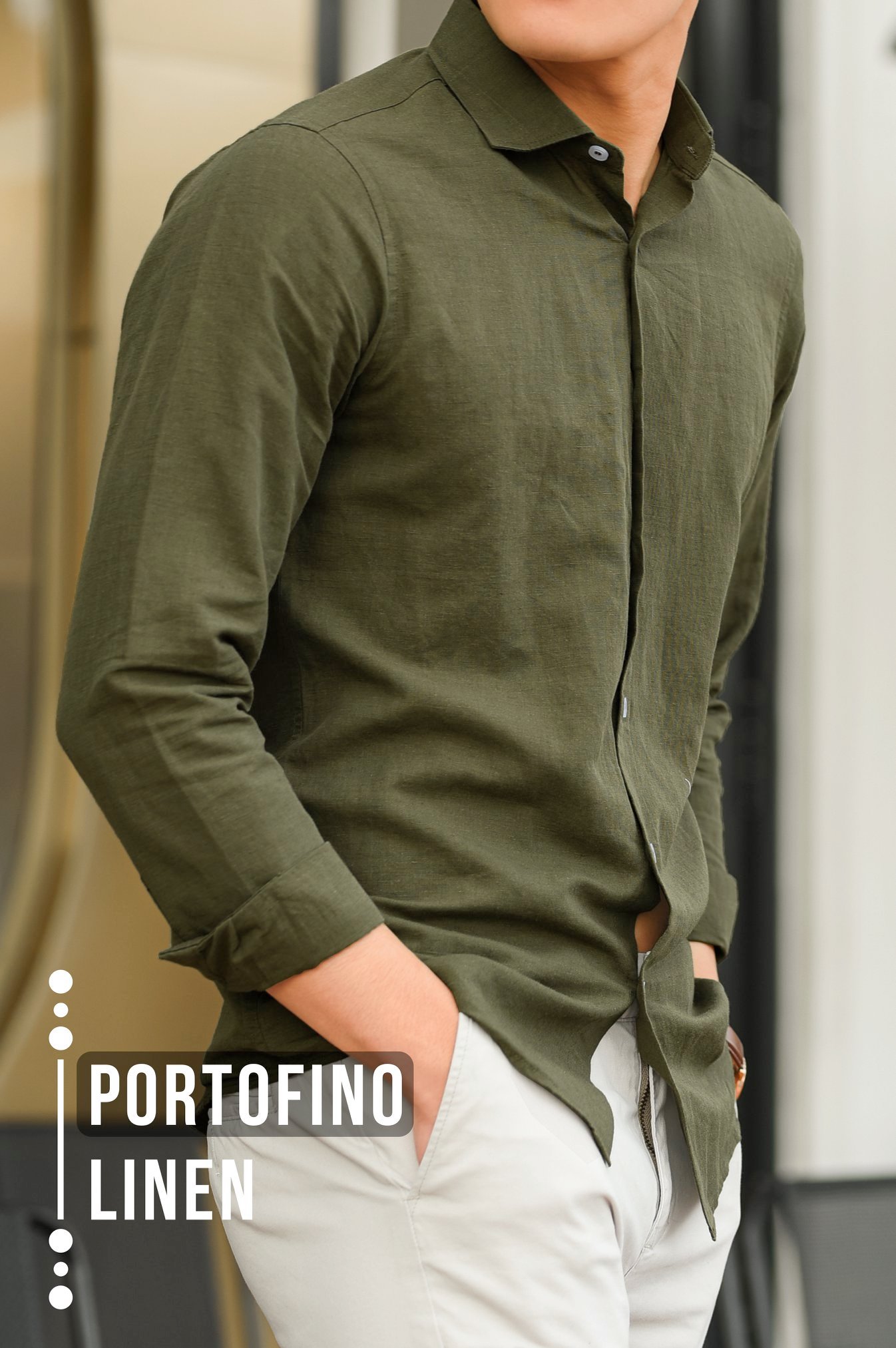Áo sơ mi nam linen - xanh rêu - portofino linen