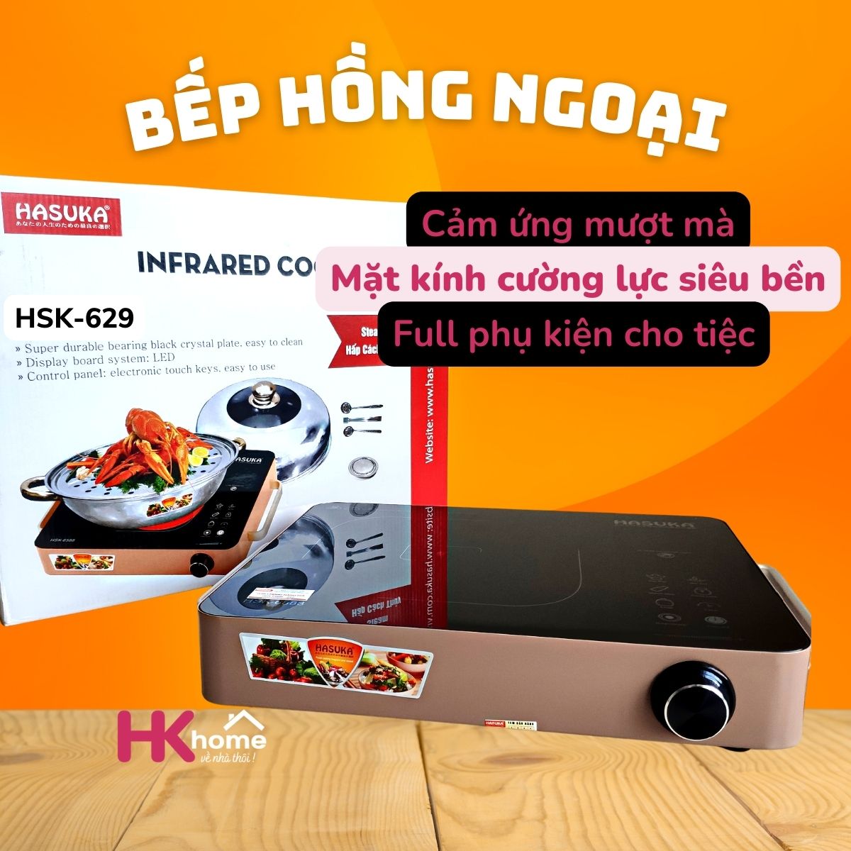 Bếp hồng ngoại Hasuka HSK-6588 bếp điện hồng ngoại mâm đồng 2 vòng nhiệt đi kèm phụ kiện 6 món