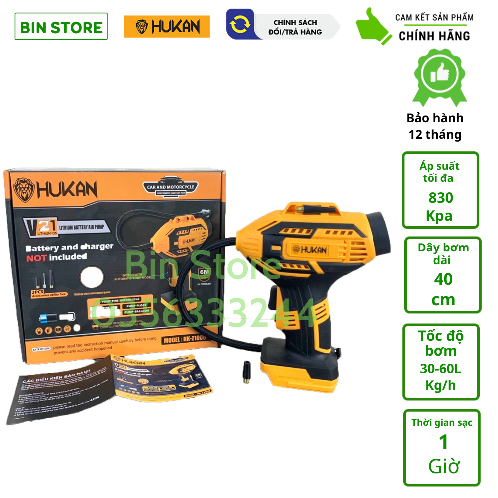 Thân máy bơm hơi dùng chân pin 4cm Thương hiệu HUKAN Z1000 dùng bơm lốp ô tô, xe đạp, xe máy, phao bơi, đệm khí [Dùng chân pin phổ thông]