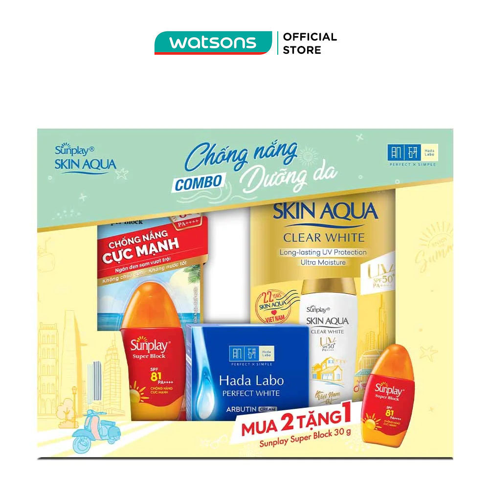 Combo Sunplay & Hada Labo Chống Nắng Dưỡng Da (Skin Aqua Clear White SPF50+ PA++++ 25g & Kem Dưỡng Trắng 50g) Tặng Sữa Chống Nắng Cực Mạnh SPF81 PA++++ 30g