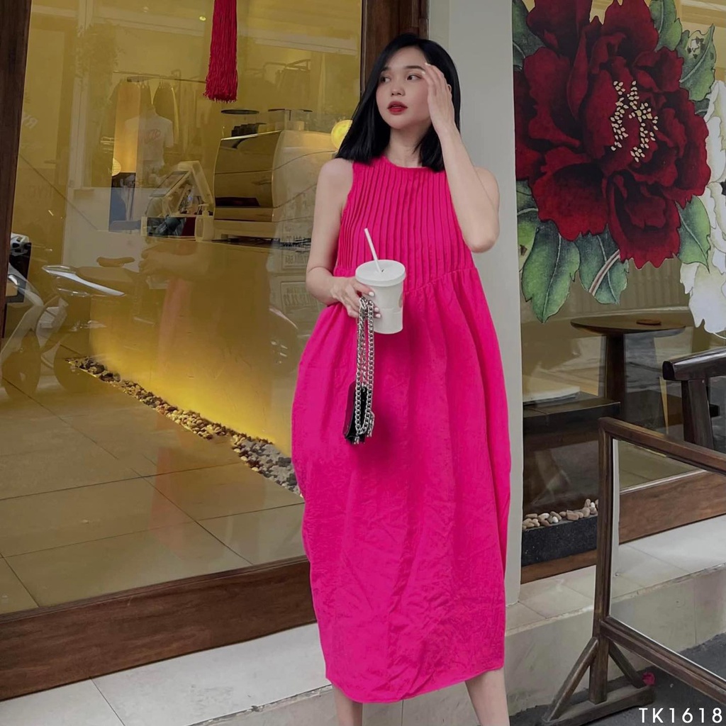 Đầm dáng bí cổ tròn xếp li chất linen thun mềm đẹp xẻ tà sau