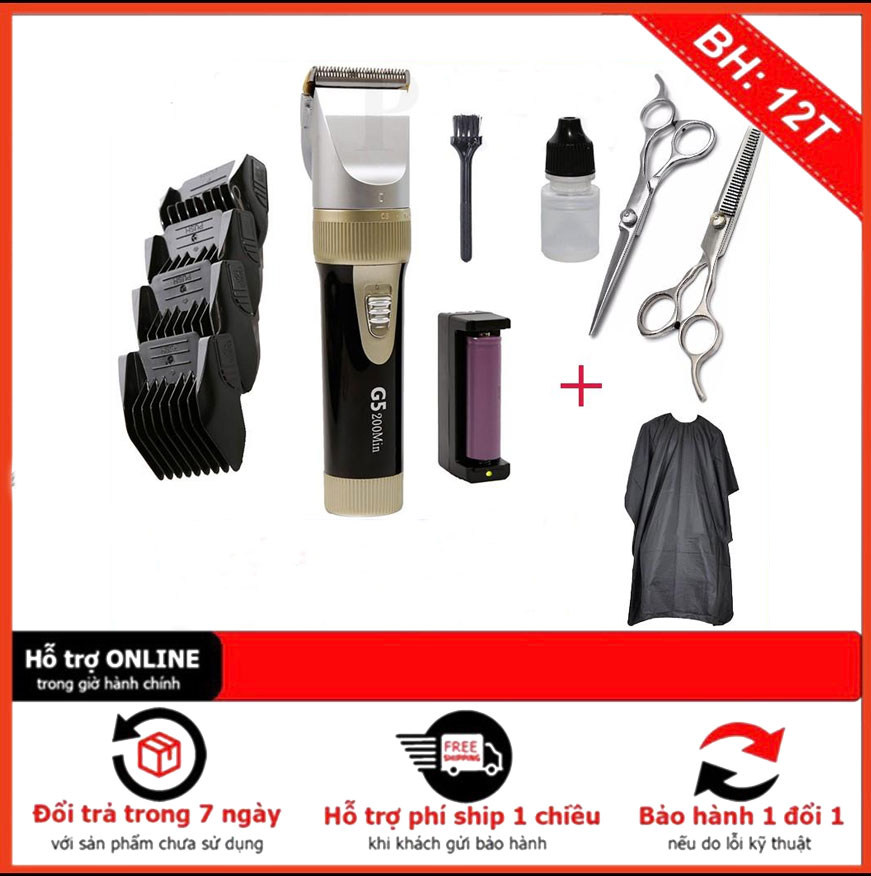Tông Đơ Cắt Tóc Gia Đình Cho Bé G5 Lưỡi Cực Bén - Máy Cắt Tóc Có Pin Sơ Cua 1500 mAh Chạy Cực Êm TẶNG Kéo Cắt Tóc + Áo Choàng Chống Nước