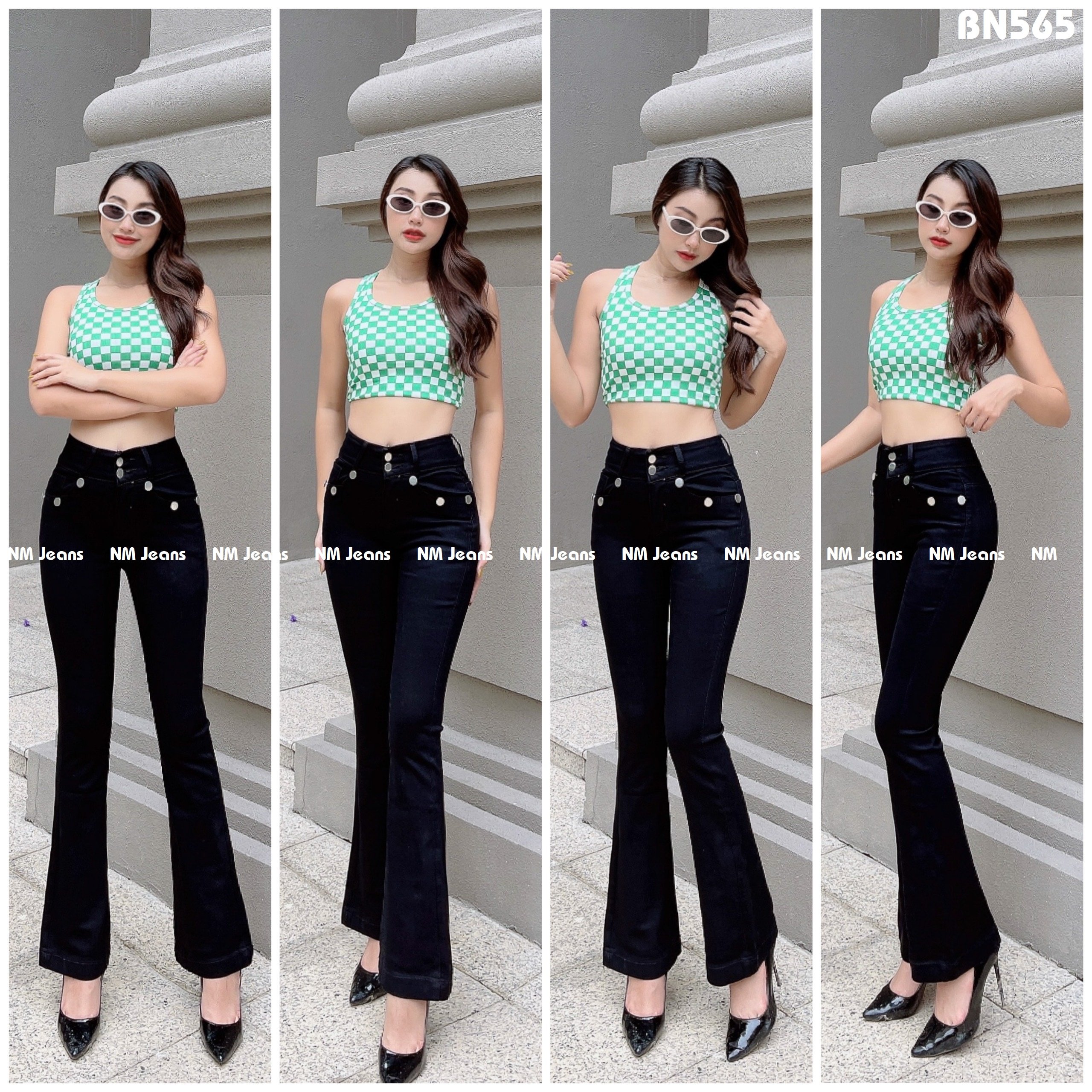 Quần jean nữ loe 2 nút đen đóng nút co giãn phom chuẩn BN565