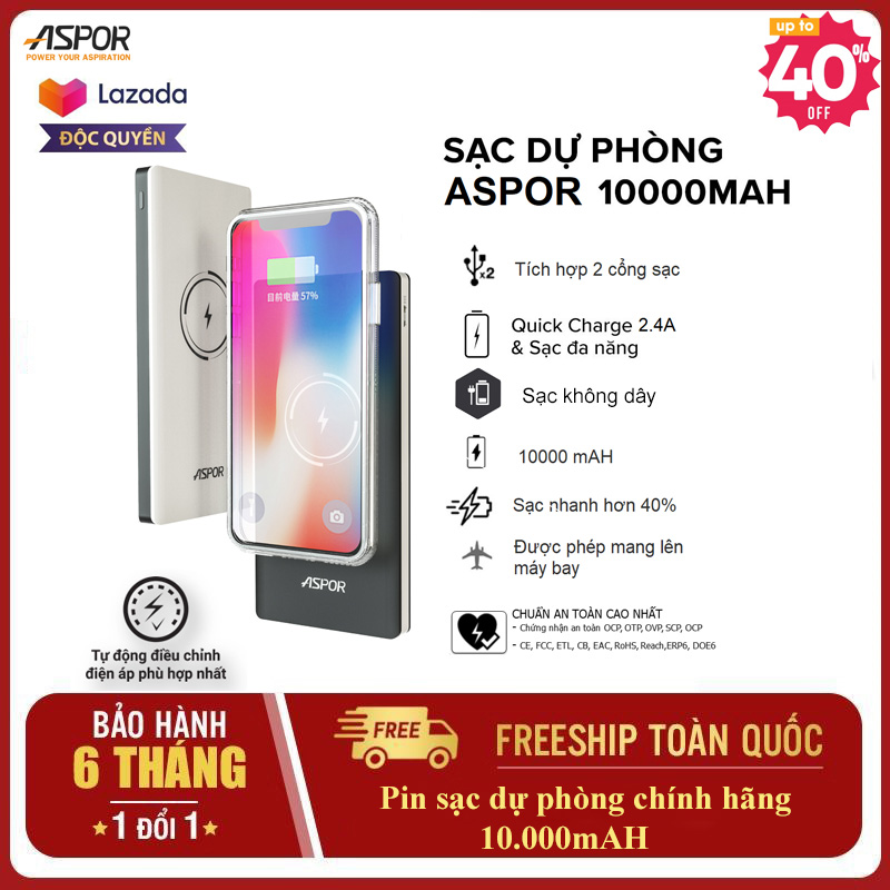 Pin sạc dự phòng không dây 8000mah Aspor A341w, sạc dự phòng giá rẻ cho tất cả các điện thoại ios androi Xiaomi, sạc cùng lúc nhiều thiết bị hỗ trợ vô pin nhanh chóng