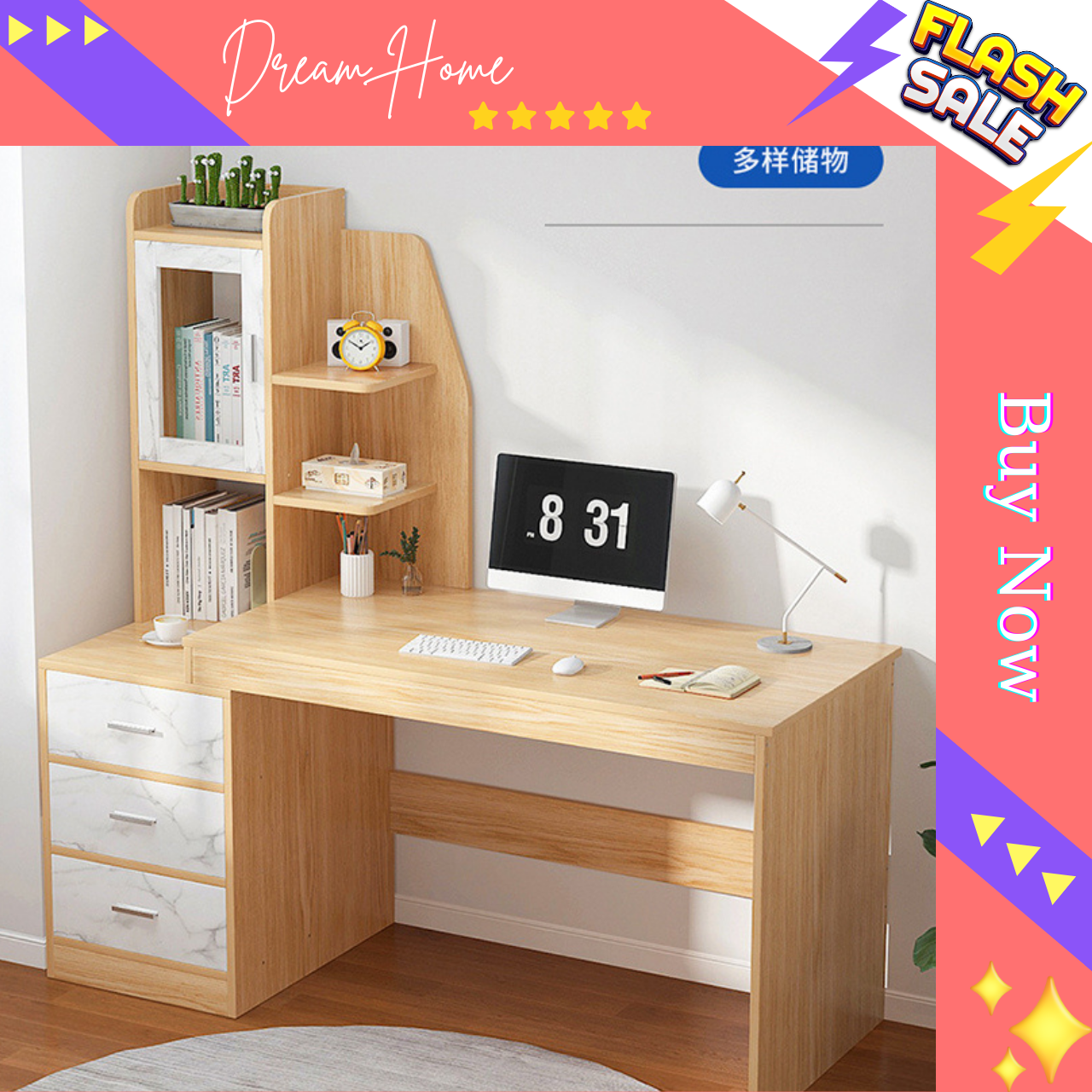 Bàn làm việc kèm giá sách, bàn học sinh có ngan kéo Dream_Home