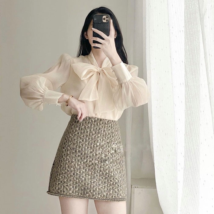 Set áo sơ mi bèo kèm chân váy dạ