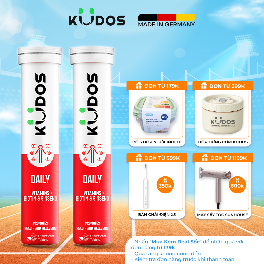 Combo 2 Tuýp Viên sủi KUDOS DAILY bổ sung 12 vitamin và nhân sâm + Biotin hỗ trợ cơ thể khỏe, đẹp mỗi ngày