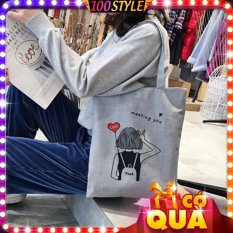 Túi vải tote cô gái cầm bong bóng tim love m589 - 100style.net