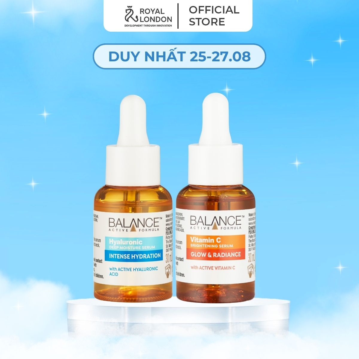 Combo trắng da căng mượt serum Vitamin C + serum Hyaluronic Balance Active Formula 30ml/ chai