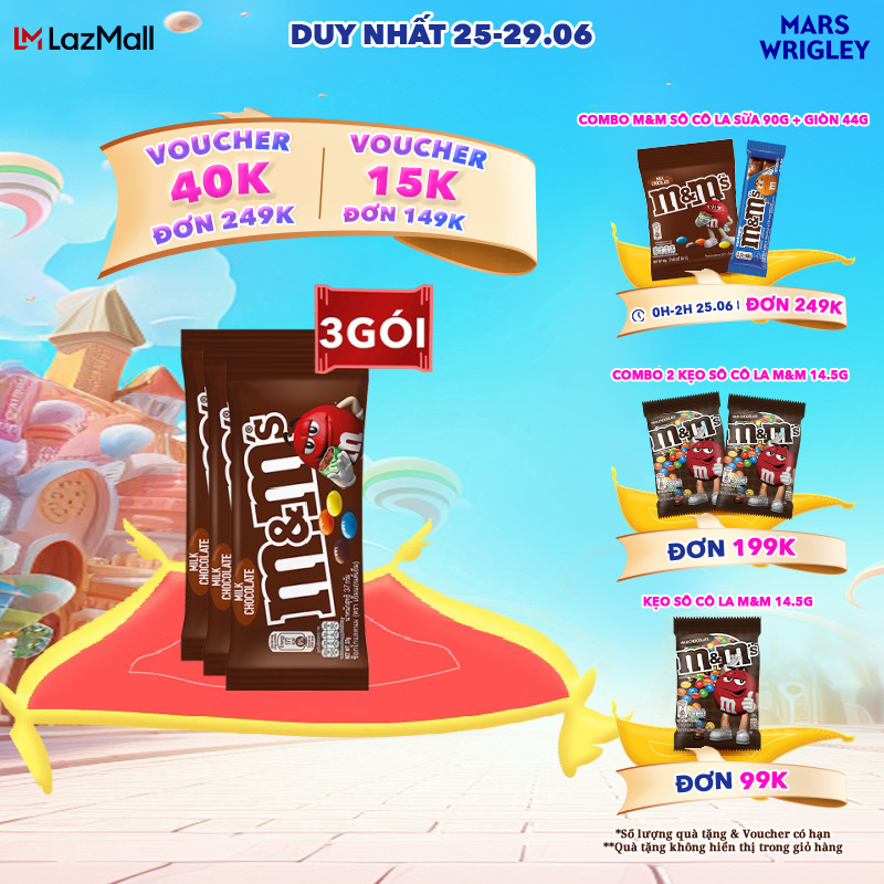 [CHỈ 25-29.06 - MUA 1 ĐƯỢC 3 từ 99K - SLCH] Combo 3 gói Kẹo Sô Cô La Sữa M&M'S 37g