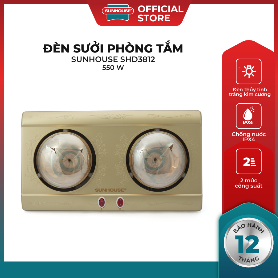 Đèn sưởi phòng tắm Sunhouse SHD3812 - Chống nước IPX4 -Công tắc độc lập dễ dàng điều chỉnh nhiệt độ, tiết kiệm điện năng -Công nghệ sưởi Halogen