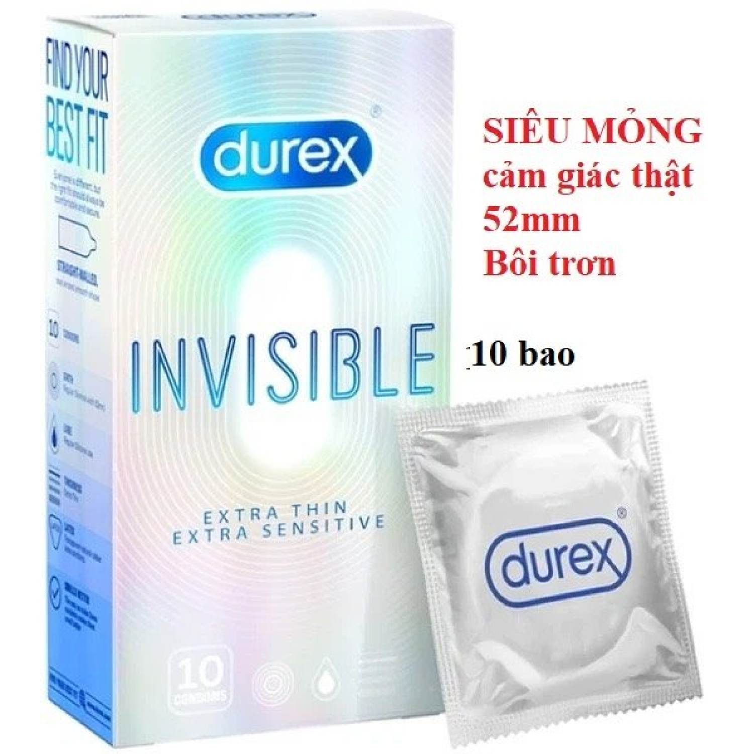 Bao cao su siêu mỏng Durex Invisible ,hộp 10 chiếc.