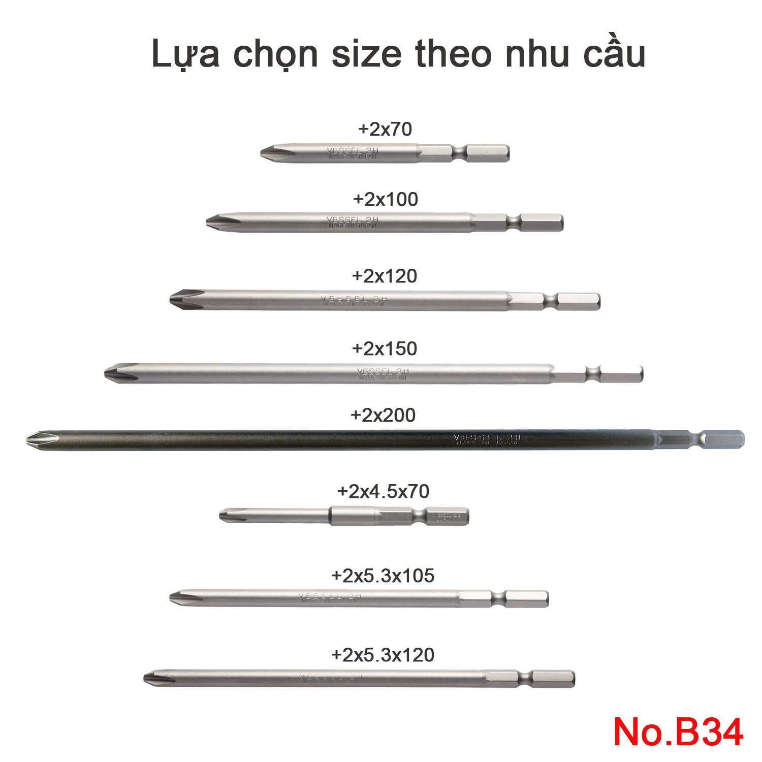 Mũi vặn vít B34 đầu (+)2 chuôi lục giác H = 5mm Vessel (Nhật Bản)