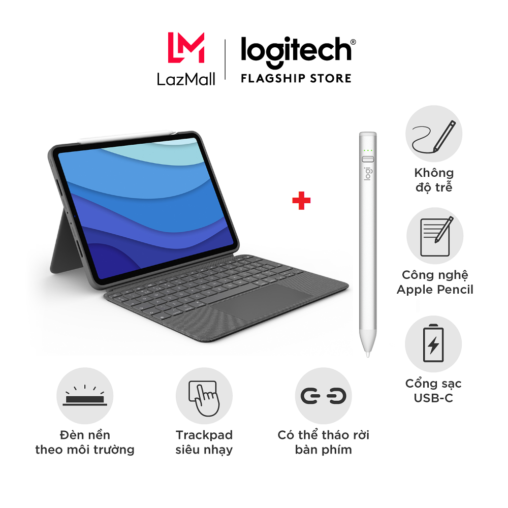 Bao da kèm bàn phím Logitech Combo Touch dành cho iPad Pro 11 inch (gen 1, 2,3,4) &amp; 12.9 inch (Gen 5,6) &amp; Bút cảm ứng Logitech Crayon