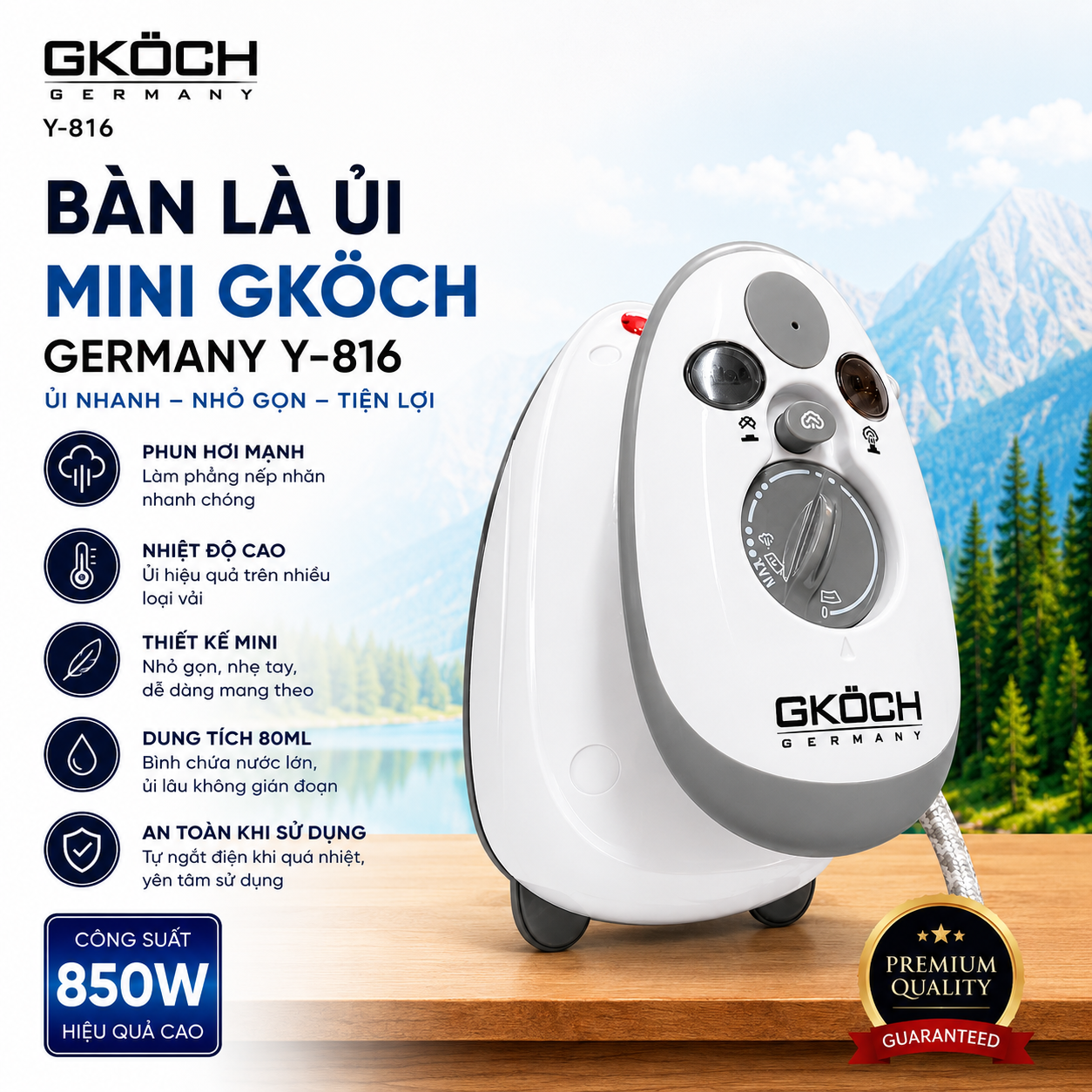 Bàn Là Ủi Mini GKÖCH Germany Y-816 Cầm Tay Nhỏ Gọn, Ủi Khô & Hơi Nước Tiện Lợi