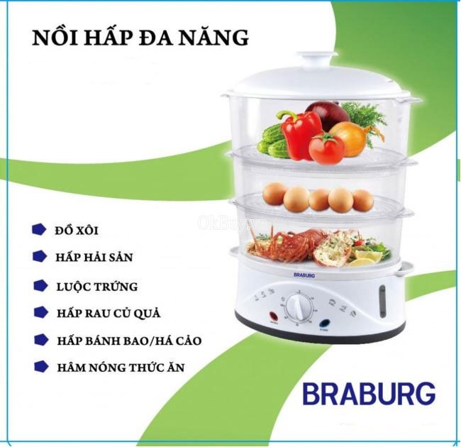 Top 8 nồi hấp điện nên mua nhat, nồi hấp điện 3 tầng braburg b3l - 8.5 lít, công suất 900w, hấp nhanh chóng tiết kiệm thời gian - tiết kiệm điện, tự ngắt điện khi hết nước, chất liệu nhựa cao cấp, an toàn cho sức khỏe