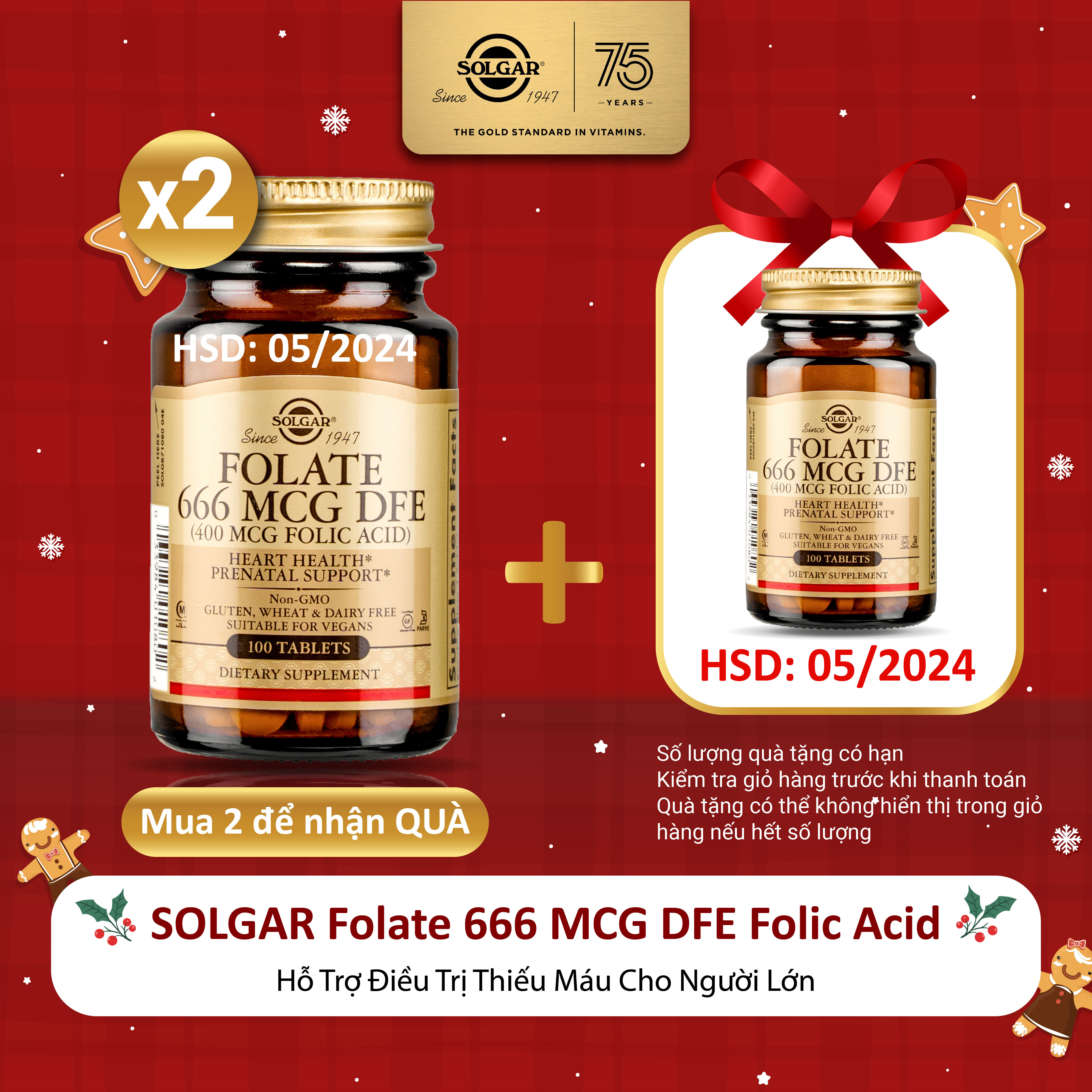 Viên Uống Solgar Folate 666 MCG  DFE Folic Acid - Hỗ Trợ Điều Trị Thiếu Máu Cho Người Lớn