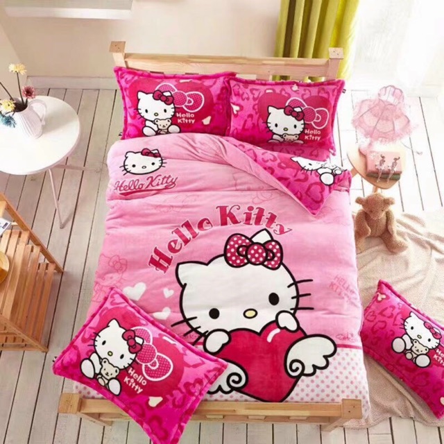 Bộ chăn ga gối nỉ nhung 3d - kitty thiên thần