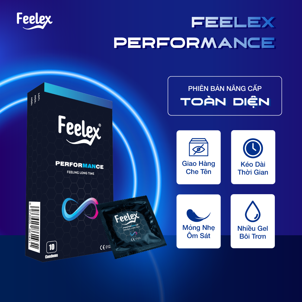 Bao cao su nam Feelex 0.03 Performance Premium, kéo dài thời gian quan hệ - Hộp 10 bcs