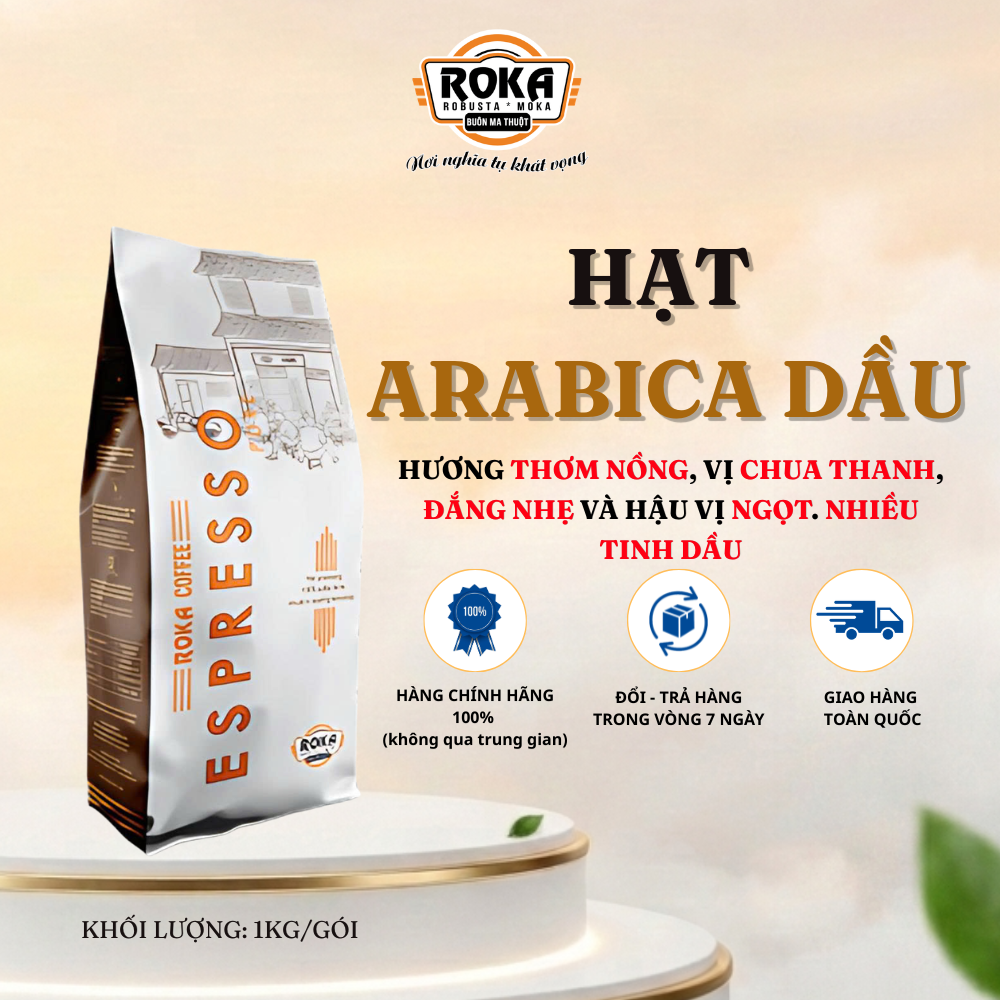 CÀ PHÊ HẠT ARABICA DẦU ROKA - THƠM NỒNG, NHIỀU TINH DẦU, CHUA THANH, HẬU NGỌT GÓI 1KG